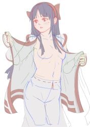 1girls ainu_clothes black_hair blue_eyes breasts female female_only fingerless_gloves gloves hair_ribbon highres king_of_fighters legs long_hair nakoruru navel nipples open_clothes pants parted_lips ribbon samurai_shodown sketch small_breasts snk solo thighs undressing