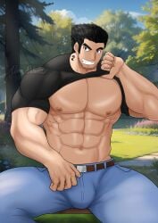 1boy 2023 alabuster bara bara_tits barazoku beard_stubble black_hair bulge clothing gay hairy_male looking_at_viewer lucas_lee male male_focus male_nipples male_only manly muscular_male nipples no_visible_genitalia scott_pilgrim shirt_lift solo solo_male