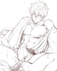 2boys abs anal anal_sex blush bulge cum cum_in_ass cum_inside erection erection_under_clothes gay gintama gintoki_sakata japanese_clothes kimono male male_only monochrome muscular muscular_male off_shoulder open_clothes open_kimono ourjaune pecs solo_focus spread_legs sweat uncensored yaoi