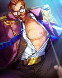 abs bara battle_academia_series battle_professor_graves big_chest clothed clothing glasses hairy_chest league_of_legends malcolm_graves male male_only muscular muscular_male nipple no_visible_genitalia open_clothes orange_hair pecs pectorals shirt_open teacher