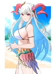 1girls bare_shoulders beach bikini breasts colored_inner_hair female female female_only fire_emblem fire_emblem_heroes freyja_(fire_emblem) freyja_(summer)_(fire_emblem) from_side goat_horns highres horns long_hair looking_at_viewer multicolored_hair nintendo ocean official_alternate_costume ondur outdoors own_hands_together parted_lips red_eyes sideboob solo swimsuit very_long_hair white_bikini white_hair white_swimsuit