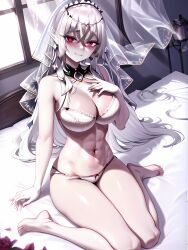 1girls ai_generated bed belly belly_button blazing_cartesia_the_virtuous blush blushing darklord_ixchel_(pixiv_93573398) duel_monster long_hair pointy_ears red_eyes veil white_bra white_hair white_panties yu-gi-oh!