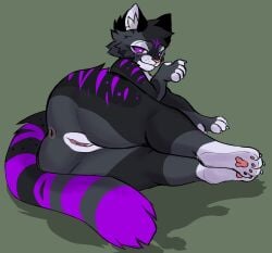 absurd_res anthro anus ass demidevilmitch domestic_cat felid feline felis female fur genitals grey_(greywolf2244) grey_body grey_fur hi_res looking_back mammal paws presenting presenting_hindquarters purple_body purple_eyes purple_fur pussy rear_view solo