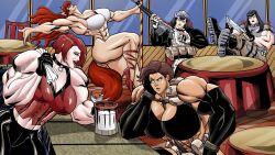 5girls abs beefy beefy_girl biceps big_breasts big_muscles black_hair breasts brown_hair female glasses gloves gun guns hair hat huge_breasts huge_muscles jojowarz large_breasts large_muscles long_hair multiple_girls muscles muscular_arms muscular_female muscular_legs muscular_thighs pecs red_hair weapon weapons