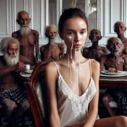 ai_generated beard beggar chair cum_on_face dark-skinned_male dinner_table food group homeless interracial light-skinned_female loincloth moustache old_man older_male table younger_female younger_female_older_male