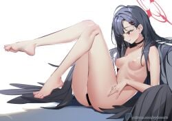 2d artist_name bar_censor barefoot black_choker black_eyes black_hair black_wings blue_archive blush breasts censored choker closed_mouth commentary_request completely_nude feathered_wings feet female female_only full_body hair_ornament hairclip halo ichika_(blue_archive) justice_task_force_(blue_archive) knees_together_feet_apart knees_up legs legs_up light-skinned_female light_skin long_hair looking_ahead low_wings lying medium_breasts nipples nsfw nude pale-skinned_female pale_skin parted_bangs patreon_username pink_nipples pussy red_halo sideways_mouth simple_background solo sydus toenails toes trinity_general_school_student watermark white_background wings