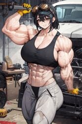 abs ai_generated biceps big_breasts big_muscles black_hair breasts female goggles hair hat huge_breasts jojowarz large_breasts large_muscles muscles muscular_arms muscular_female muscular_legs muscular_thighs pecs sports_bra veins veiny_muscles wrench