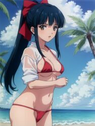 1girls ai_generated arm_under_breasts artist_request beach bikini blue_hair breasts brown_eyes clouds female female_only hair_ribbon legs looking_at_viewer medium_breasts navel ocean open_shirt palm_tree ponytail red_bikini sakura_shinguji sakura_taisen sakura_wars see-through see-through_clothing sega sky solo thighs water