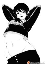 1girls arms_behind_head arms_up belly belly_button belly_focus black_hair crop_top deep_navel fumiko_mifune_(chainsaw_man) hips looking_at_viewer medium_breasts midriff midriff_baring_shirt monochrome navel navel_fetish navel_focus navellunatic pose posing smile smug tomboy