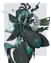 angry annoyed attribute_slider big_areola big_eyes big_head big_nipples blue_nipples breasts completely_nude dark-skinned_female dark_skin eyelashes eyelids female front_view gameplay_mechanics green_nipples huge_breasts huge_nipples large_nipples long_breasts monster_girl mouse_ears nipples puffy_areola puffy_nipples queen_chrysalis_(mlp) slider slugbox small_but_busty solo straight_hair teal_hair teal_nipples tearing_clothes teeth thick_eyelashes torpedo_breasts unknown_species upper_body wardrobe_malfunction wet_hair