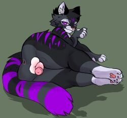 absurd_res anthro anus ass backsack balls demidevilmitch domestic_cat felid feline felis fur genitals grey_(greywolf2244) grey_body grey_fur hi_res looking_back male mammal paws penis presenting presenting_hindquarters purple_body purple_eyes purple_fur rear_view solo