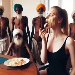 ai_generated anorexia anorexic beard beggar cum_on_face dark-skinned_male dark_skin dinner_table food food_play group homeless interracial loincloth moustache old_man older_male table turban younger_female