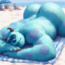 1:1 1boy accurate_art_style ai_generated ass ass_up beach beach_towel big_butt bing_image_creator blue_fur blurry_background chubby day detailed disney falsead_(artist) fur furry gay horns male male_only monsters_inc pixar purple_spots sand self_upload sleeping solo spotted_fur sulley two_tone_fur umbrella yaoi