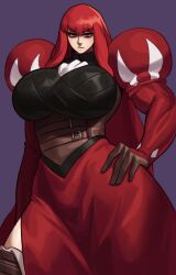 1girl 1girls boots breasts gloves large_breasts long_hair long_sleeves looking_at_viewer muscular original_character red_eyes red_hair scarlet_(kittbetelgeuse) shoulder_pads skirt sotcho tagme tall_female taller_girl wide_hips