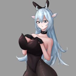 1girls 2023 black_neckwear blue_eyes blue_hair bunnyfaqer bunnysuit bunnytober deer deer_antlers deer_ears deer_girl fake_animal_ears fake_bunny_ears female female_focus female_only hakushika_iori large_breasts legwear light-skinned_female light_skin neckwear phase_connect phase_origins shiny_clothes shiny_legwear simple_background solo thick_thighs virtual_youtuber vtuber