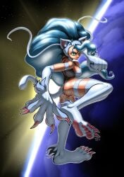 animal_ear_fluff animal_ears animal_feet animal_hands anus artist_name ass bare_shoulders barefoot big_hair blue_background blue_hair body_fur bottomless breasts cat_ears cat_girl cat_tail claws cleft_of_venus clenched_hand commentary covered_nipples darkstalkers earth_(planet) english_commentary feet felicia_(vampire) female fighting_stance full_body green_eyes highres hotred leg_up legs long_hair looking_at_viewer medium_breasts monochrome outline pawpads planet pussy revealing_clothes rockthebull signature small_breasts solo space standing standing_on_one_leg star_(sky) sweat tail thighs toes two-tone_background uncensored v-shaped_eyebrows vampire_(game) very_long_hair white_fur white_outline yellow_background