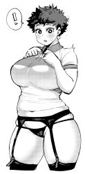 1girls 2017 absurd_res bbw big_breasts black_hair blush breasts cameltoe curvaceous curvy earrings elf-san_wa_yaserarenai female female_focus garter_belt garter_straps greyscale human human_form human_satero looking_at_viewer monochrome panties plump satero shirt short_hair solo solo_female solo_focus surprised synecdoche thick_thighs thighhighs thighs underwear very_short_hair voluptuous wide_hips