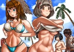 2boys 2d 2girls amber_eyes bikini black_hair blue_eyes braid brown_hair cat_ears cat_girl cleavage color core_crystal dark-skinned_male eunie_(xenoblade) flower glasses gray_hair light-skinned_female light-skinned_male mio_(xenoblade) noah_(xenoblade) oniisan02b outside taion_(xenoblade) taking_clothes_off toned_female underboob wings_on_head xenoblade_(series) xenoblade_chronicles_3