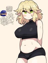 3girls belly big_breasts blonde_hair blush_lines breasts fluffy_hair girls_only green_eyes hoshiguma_yuugi koishi_komeiji looking_at_viewer meme mizuhashi_parsee mob_face notnoe_(dxcl) pointy_ears short_hair sweat sweatdrop sweating thick_thighs thighs touhou yellow_hair