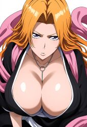 1girls ai_generated big_breasts bleach breast_focus breasts chain_necklace chains chiraimi cleavage clothed_female clothing female female_focus female_only huge_breasts kimono long_hair looking_at_viewer matsumoto_rangiku mature mature_female nai_diffusion necklace oppai orange_hair robe scarf shinigami solo solo_focus stable_diffusion uniform upper_body very_long_hair