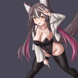 1girls 2023 brown_hair bunnyfaqer bunnysuit chisaka_airi coat coat_on_shoulders female female_focus female_only large_breasts legwear looking_at_viewer multicolored_hair phase_connect phasealias purple_hair simple_background solo tongue tongue_out virtual_youtuber vtuber white_coat wolf wolf_ears wolf_girl wolf_tail yellow_eyes