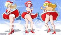 3girls alternate_costume ass assentlov christmas christmas_outfit crossover female_only mario_(series) multiple_girls nintendo princess_peach princess_rosalina pyra sideboob super_mario_galaxy xenoblade_(series) xenoblade_chronicles_2