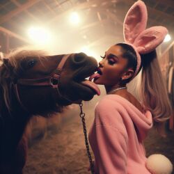 ai_generated ariana_grande bunny_ears bunny_girl bunnysuit celebrity dall-e3 dirty female female_kissing_feral horse long_hair real_person realistic tongue tongue_out tongues_touching zoophilia