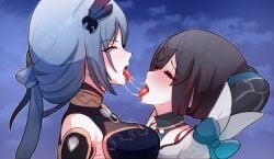 2girls big_breasts black_hair blue_hair blush breast_size_difference breasts closed_eyes clothed female female_only flat_chest hair_ornament half-closed_eyes hanya_(honkai:_star_rail) height_difference honkai:_star_rail honkai_(series) incest kissing light-skinned_female light_skin looking_at_partner medium_hair open_mouth pennyjoyr ponytail saliva saliva_string siblings sisters tongue tongue_out xueyi_(honkai:_star_rail) yuri