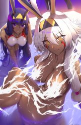 2girls absurd_res animal_ears breasts brown_skin dark-skinned_female dark_skin egyptian fate/grand_order fate_(series) female hi_res huge_breasts kemonomimi long_hair naughty_face nitocris_(fate/grand_order) nitocris_(swimsuit_assassin) nitocris_alter_(fate) purple_eyes purple_hair shiroshisu smile thick_thighs white_hair wide_hips yellow_eyes