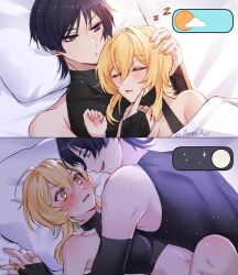 bed blonde_hair blue_eyes blue_hair blush cuddling eye_contact fingers_interlocked genshin_impact hand_on_head laying_on_back laying_on_bed looking_at_partner lumine_(genshin_impact) male_on_top missionary_position open_mouth scaramouche_(genshin_impact) seductive_look straight yellow_eyes