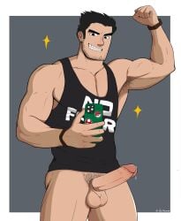 1boy armpit_hair armpits bara beard_stubble black_hair black_tank_top bottomless bottomless_male butyrum_bimbo butyrumb clothes_writing cowboy_shot erection highres holding holding_phone huge_eyebrows large_pectorals lucas_lee male_focus male_only male_pubic_hair muscular muscular_male official_alternate_costume otaku pectoral_cleavage pectorals penis phone poison_mushroom_(mario) poke_ball_print precum precum_drip pubic_hair scott_pilgrim scott_pilgrim_takes_off selfie short_hair sidepec simple_background smile solo solo_male sparkle sparse_pubic_hair standing tank_top uncensored