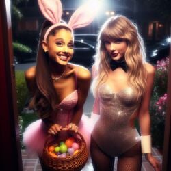 2girls ai_generated ariana_grande bent_over blonde_hair breasts brown_hair bunny_ears bunny_girl bunny_tail bunnysuit celebrity clothing collarbone dall-e3 doorway easter_egg eyelashes eyeshadow fake_animal_ears female female_only grin hairband halloween happy legwear leotard lips long_hair looking_at_viewer makeup multiple_girls necklace night outdoors parted_lips pink_dress pink_lips ponytail pov realistic smile smiling smiling_at_viewer standing straight_hair tan-skinned_female tan_skin taylor_swift trick_or_treat wavy_hair