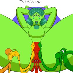 3_breasts 3_eyes alien alien_girl alien_humanoid antennae armpits arms_up big_breasts breasts busty female female_focus female_only green_body green_hair green_skin hourglass_figure lou_lou multi_breast multi_eye pointy_ears purple_eyes slime slime_boy tagme theslimydude vagina vaginal_penetration vaginal_sex wide_hips