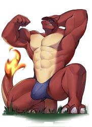 1boy abs anthro armpits biceps biped blue_clothing blue_eyes blue_underwear bottomwear bulge charmeleon claws clothing dragon fangs fire flaming_tail flexing hat headgear headwear hi_res iam_chuz kneeling looking_at_viewer male male_only muscular muscular_anthro muscular_arms muscular_legs muscular_male muscular_thighs navel pecs pokémon_(species) pokemon pokemon_(species) pokemon_rgby red_body simple_background solo solo_focus solo_male tail teeth triceps underwear v-line white_background white_claws