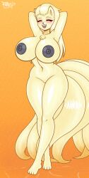 anthro barefoot blush breasts dark_nipples female full-length_portrait generation_1_pokemon genitals hi_res ninetales nintendo nipples pokemon pokemon_(species) portrait pussy razplus smile solo tail wet