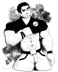 1boy 2023 artist_name bara black_hair dated gay hairy hairy_male looking_at_viewer lucas_lee male male_focus male_nipples male_only masculine_male monochrome muscular muscular_chest muscular_male nipples scott_pilgrim solo solo_male wardgaya yaoi