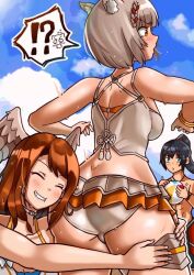 1boy 2d 2girls amber_eyes beach big_ass bikini black_hair blue_eyes blush cat_ears catgirl cheek_squish color embarrassed eunie_(xenoblade) gray_hair hugging_butt mio_(xenoblade) noah_(xenoblade) oniisan02b ponytail smiling suprised sweat sweatdrop wings_on_head xenoblade_(series) xenoblade_chronicles_3 yotsuhauni