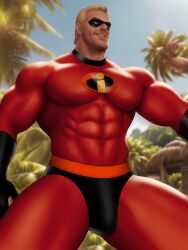 1boy abs biceps bob_parr bulge caucasian caucasian_male clothed dilf disney drawnpr0n jungle male male_only masked mr._incredible muscles muscular muscular_male outdoors outside pecs pixar solo solo_male the_incredibles