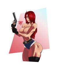 1girls belt big_breasts breasts bullet_belt cutoffs female fingerless_gloves green_eyes gun hair_over_one_eye hi_res jtt_artz long_hair muscular_female nipples red_hair revolver shorts smile solo thick_thighs thighhighs topless