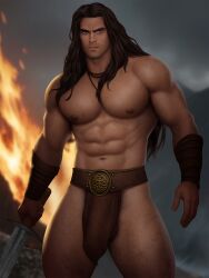 1boy abs biceps big_bulge big_penis bulge caucasian caucasian_male conan_exiles conan_the_barbarian conan_the_barbarian_(series) drawnpr0n hairy huge_bulge huge_penis loincloth long_hair male male_only muscles muscular muscular_male outdoors outside pecs shirtless solo solo_male sword testicle_peek thick_thighs