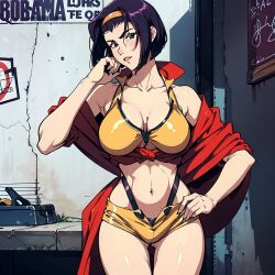 1girls ai_generated bikini breasts cowboy_bebop faye_valentine female femme_fatale hairband human large_breasts pale-skinned_female pale_skin purple_hair short_hair wide_hips yellow_bikini