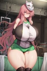 1girls ai_generated bare_shoulders black_shirt black_socks breasts curvy elbow_tufts expressionless fox_mask green_shirt green_shorts hata_no_kokoro hourglass_figure huge_breasts indoors large_breasts long_hair long_socks looking_at_viewer mask pink_hair shirt shorts sleeveless sleeveless_shirt slim_waist socks solo thick_thighs touhou volleyball_uniform white_shirt wide_hips