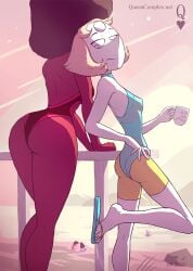 1boy 2019 3girls 5_fingers 5_toes ass beach big_ass bikini cartoon_network connie_maheswaran cup feet flip_flops foot_up garnet_(steven_universe) gem_(species) looking_at_another's_butt looking_at_ass pearl_(steven_universe) queencomplex steven_quartz_universe steven_universe swimsuit swimwear tagme toes