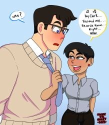 2023 brown_skin clark_kent clark_kent_(my_adventures_with_superman) dc dc_comics dcau dopeisnukat female flirting glasses lois_lane lois_lane_(my_adventures_with_superman) my_adventures_with_superman sfw superman superman_(series) tie_grab