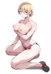 arm_under_breasts ayakumo blonde_hair blue_eyes blush braid breast_hold breasts darjeeling female full_body girls_und_panzer large_breasts looking_at_viewer navel nipples panties sitting solo wariza