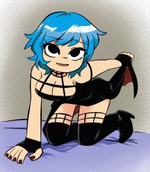 accurate_art_style blue_hair heels joshin lifting_skirt nail_polish ramona_flowers scott_pilgrim slutty_outfit suggestive yor_briar_(cosplay)