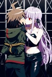 1boy 1girls ai_generated bare_shoulders belt black_gloves black_pants black_strapless danganronpa danganronpa:_trigger_happy_havoc danganronpa_1 dark_room dominant_female female femdom forced gloves hand_on_another's_face hands_behind_back high_quality human hypnosis kirigiri_kyouko kissing latex male midriff naegi_makoto nai_diffusion red_eyes restrained rope spiral_eyes stable_diffusion strapless submissive_male