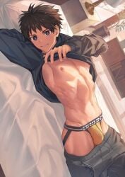 abs blue_eyes brown_hair bulge color fit fit_male getting_undressed jockstrap laying_on_back laying_on_bed lifting lifting_clothing lifting_shirt looking_at_viewer male male_only nayoshi_(r-744) nude original original_character pants_down r-744 smile smiling smiling_at_viewer thick_thighs undressing v-line yaoi