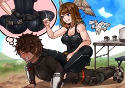 1boy 1girls 2d blue_eyes blush brown_hair cleavage closed_eyes clothed_female color dark-skinned_male encouragement eunie_(xenoblade) horny_thoughts light-skinned_female mondo_(xenoblade) oniisan02b outside push-up sitting_on_back smug struggling taion_(xenoblade) tank_top tattoo_on_chest thick_thighs thought_bubbles tight_pants wings wings_on_head xenoblade_(series) xenoblade_chronicles_3