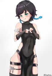 1boy big_ass black_hair blush bulge dress femboy genshin_impact girly green_eyes male male_only ninja otoko_no_ko sayokase solo stomach thick_thighs thighhighs tight_clothing tongue_out trap twin_braids venti_(genshin_impact)